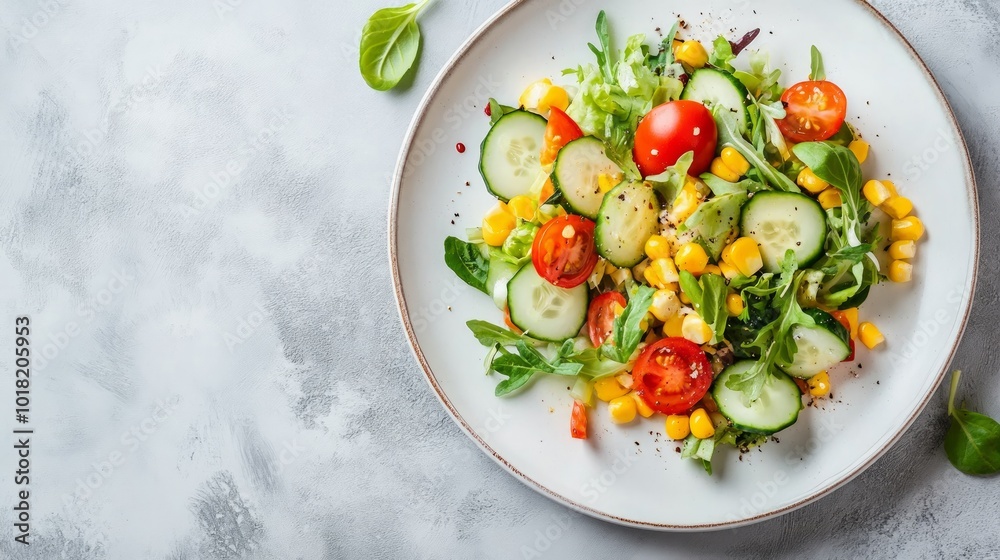 A fresh and healthy salad with corn, cucumber, cherry tomatoes, and lettuce on a white plate. A fresh and healthy salad with corn, cucumber, cherry tomatoes, and lettuce on a white plate.