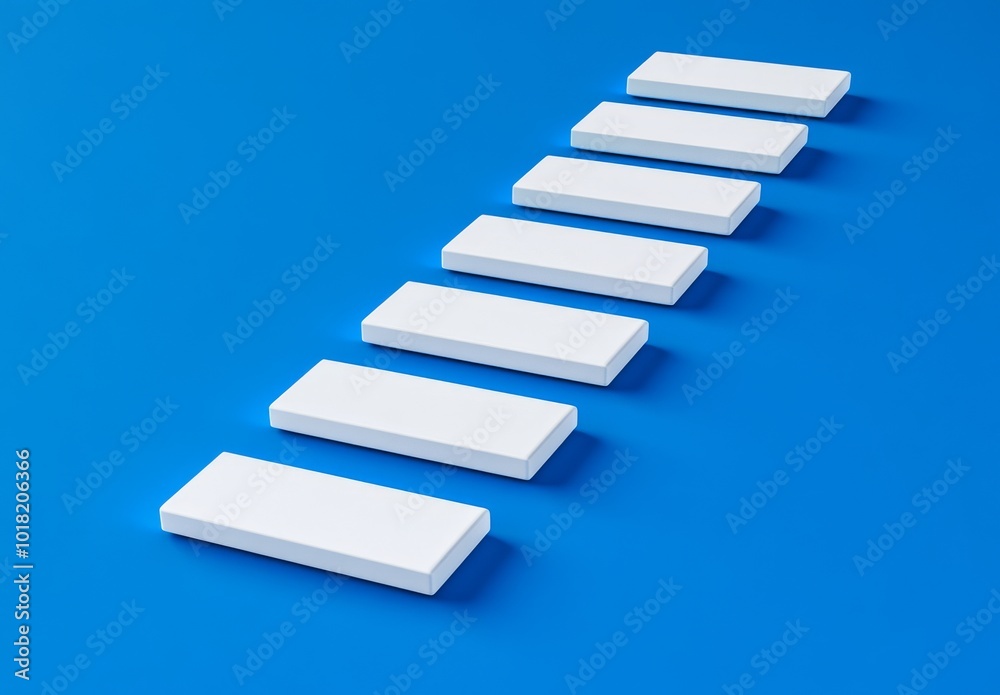 Rendering illustration of abstract staircase. White block staircase on blue background with copy space. Business growth, goal target and quality improvement concept in 3D. Rendering illustration of abstract staircase. White block staircase on blue background with copy space. Business growth, goal target and quality improvement concept in 3D.
