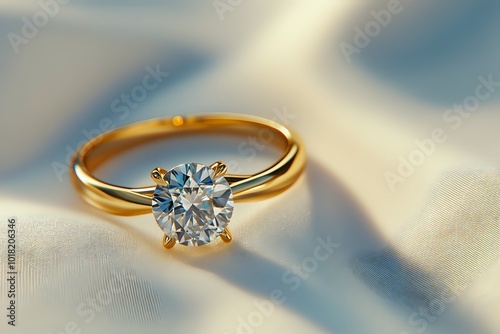 A sparkling diamond ring with a gold band resting on a soft fabric background.