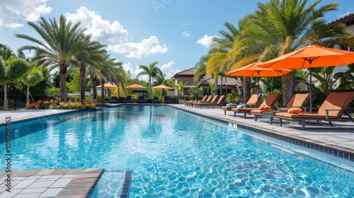 Sunny pool area with chairs and umbrellas in a luxury Florida community, perfect for relaxation and leisure.