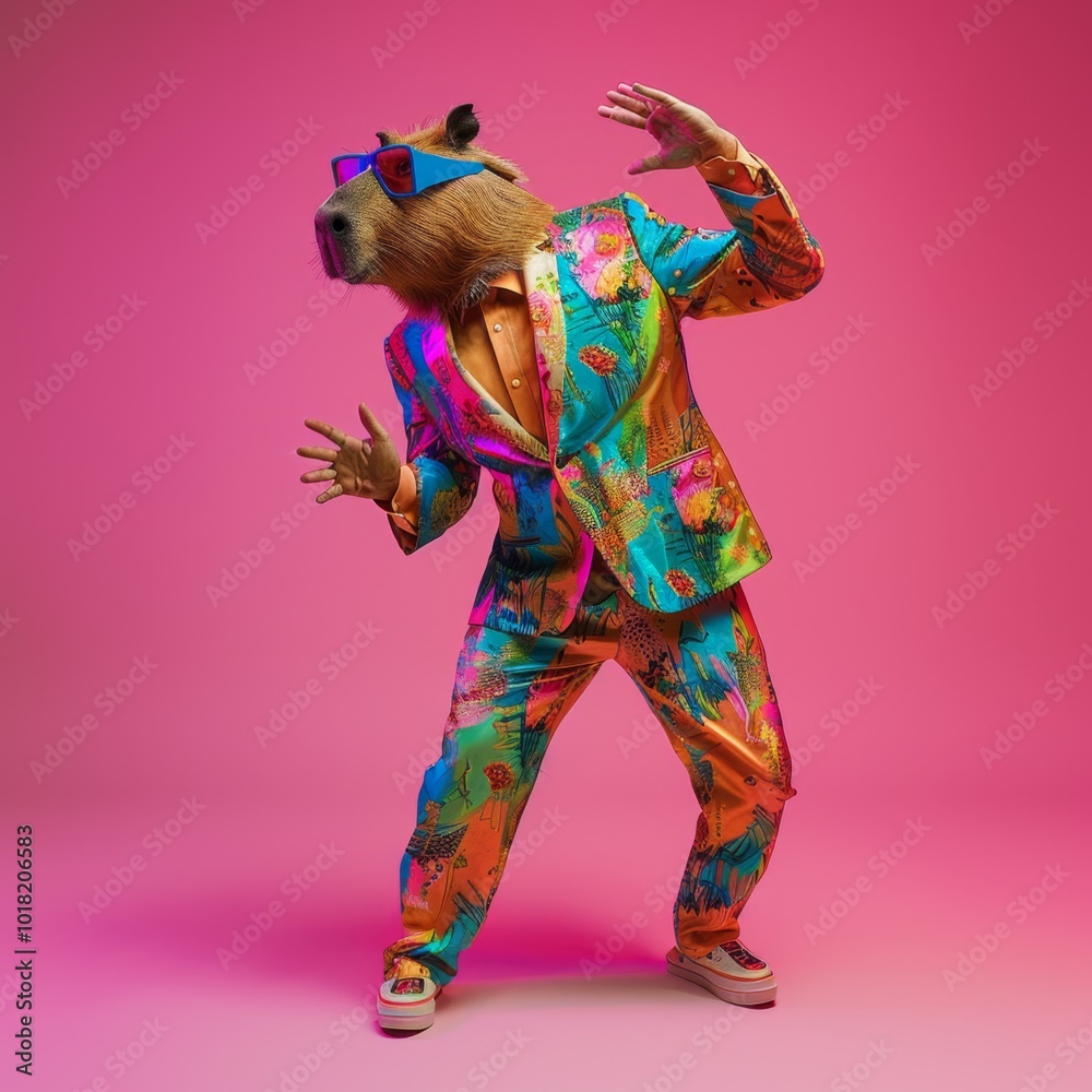 Freak in capybara mask dancing, masquerade, absurd carnival, having fun in costume party, weird mask head Freak in capybara mask dancing, masquerade, absurd carnival, having fun in costume party, weird mask head