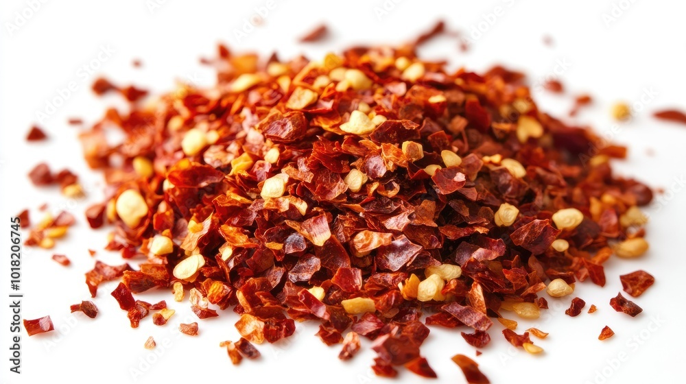 A vibrant pile of finely crushed red chili pepper flakes, scattered loosely across a white background, evoking fiery flavors A vibrant pile of finely crushed red chili pepper flakes, scattered loosely across a white background, evoking fiery flavors