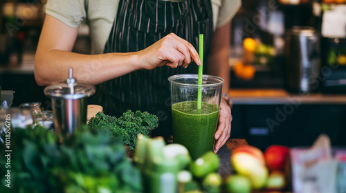A barista in a juice shop preparing a green detox smoothie, blending fresh ingredients like spinach, kale, and apple