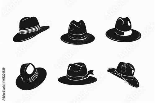 Hat flat icon, headdress symbol, minimal cap sign, bonnet black silhouette, fedora shape, bowler, trilby