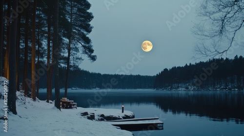 A tranquil winter landscape features a blue moon rising on the horizon above a snow-covered field, surrounded by leafless trees and rolling hills