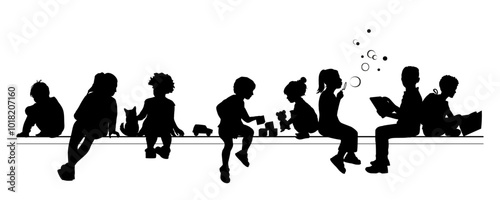 Children and pets silhouettes on white background. Little girls and boys sitting and playing on a bench. Vector illustration. 