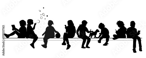Children and pets silhouettes on white background. Little girls and boys sitting and playing on a bench. Vector illustration.	
