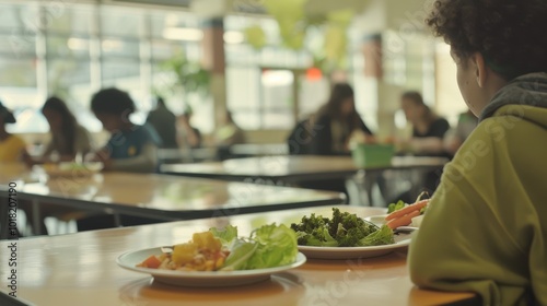 A student sits alone in a bright cafeteria, faced with fresh food on plates, evoking themes of solitude and the everyday rhythm of a school environment.