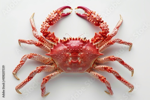 Surreal red king crab isolated on a white background in top view, showcasing its unique features and textures.