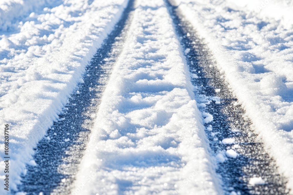 Snow-covered asphalt road with tire tracks in winter Snow-covered asphalt road with tire tracks in winter