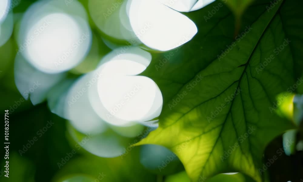 A close-up of a green leaf with blurred out white bokeh in the background.