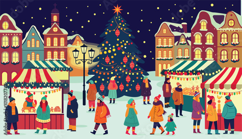 Christmas market. Family, people, Sale, preparation. Outdoor celebration. New year market.	
