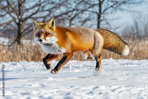 Two red foxes play in the snow. Funny moment in nature. Winter scene with orange fur wild animals. Hokkaido, Japan. Nature scene. Two animals with open muzzles. Foxes love each other. photo