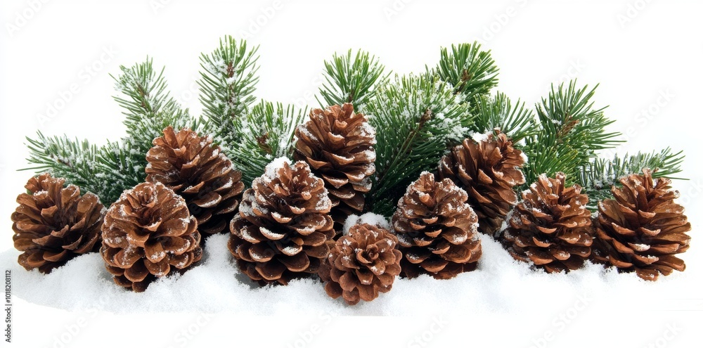 In front of a white background, a fir branch with a cone is shown In front of a white background, a fir branch with a cone is shown