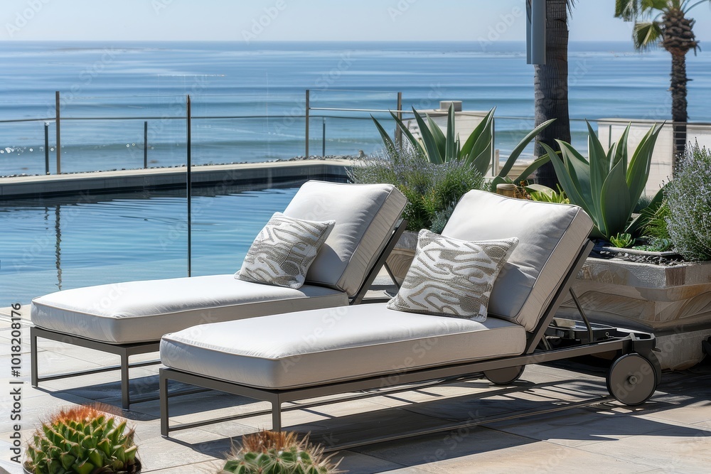 Fototapeta premium Set of two Surya outdoor sun lounges with white canvas and grey frame on a patio near the ocean for stylish relaxation.