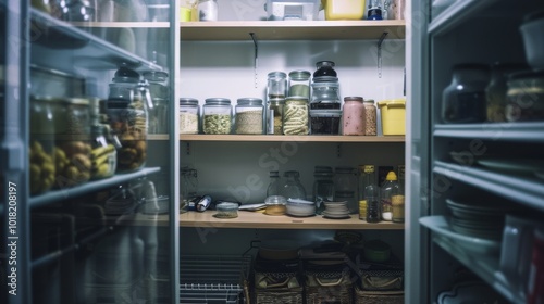 A pantry shelf filled with neatly organized jars of diverse ingredients, lending a sense of order and abundance to the kitchen space.