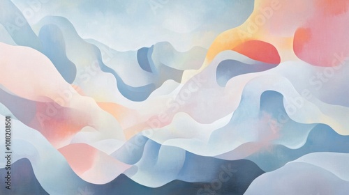 Abstract Painting of Soft, Curving Shapes in Blue, Pink, and Yellow Tones