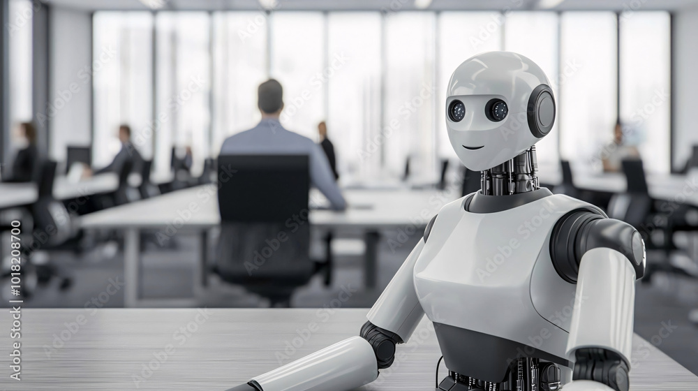 A humanoid robot sitting at a desk in a modern office environment, surrounded by blurred office workers in the background, symbolizing the integration of AI and robotics in the workplace
