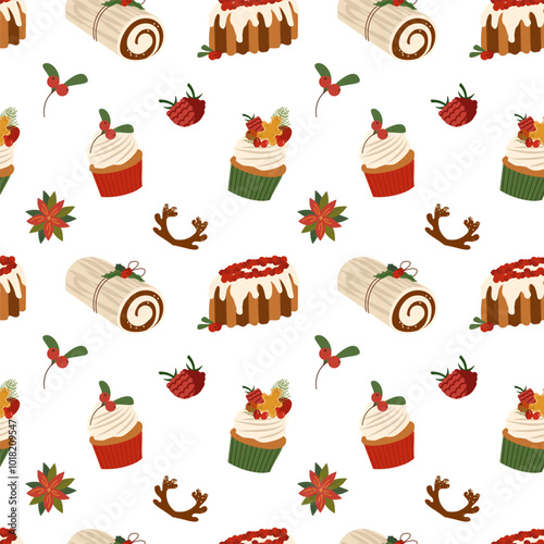 Winter seamless pattern with traditional homemade Christmas cake, holiday dessert, holly berries, cupcakes for Christmas decoration. Vector illustration for gift wrapping paper, wallpapers, textile.