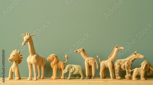 Wooden animal figures stand in a row against a pastel green background, embodying playful simplicity and creativity. photo