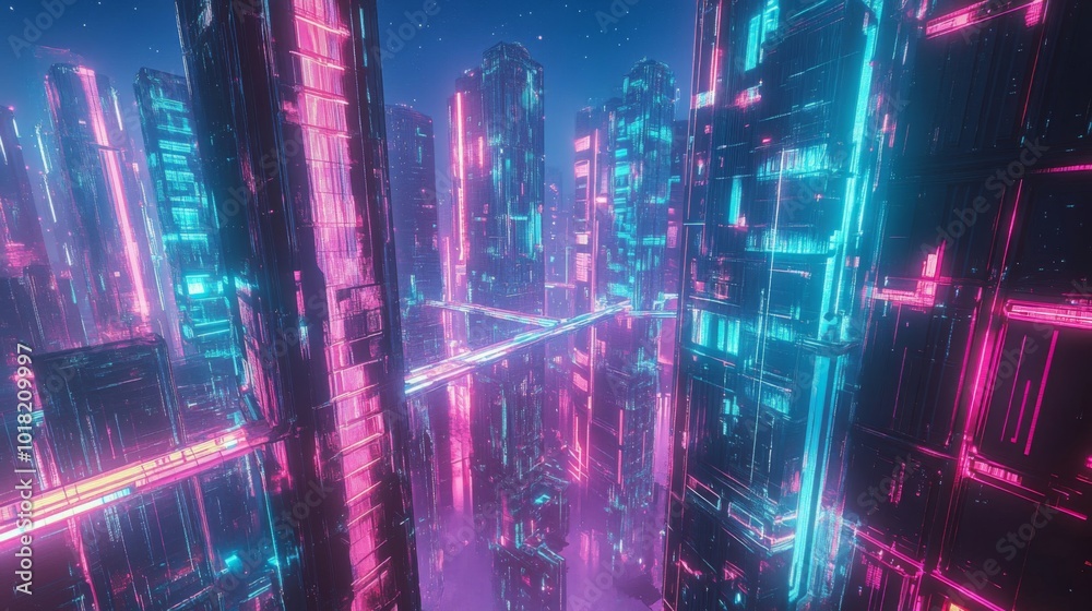 Fototapeta premium Futuristic Cityscape with Neon Lights and Digital Architecture
