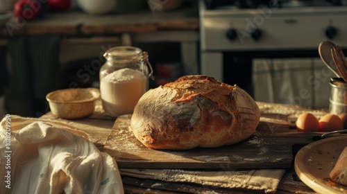 Rustic, golden-crusted bread rests on a wooden table amid a warm, cluttered kitchen scene, evocatively capturing homely simplicity and culinary artistry. photo