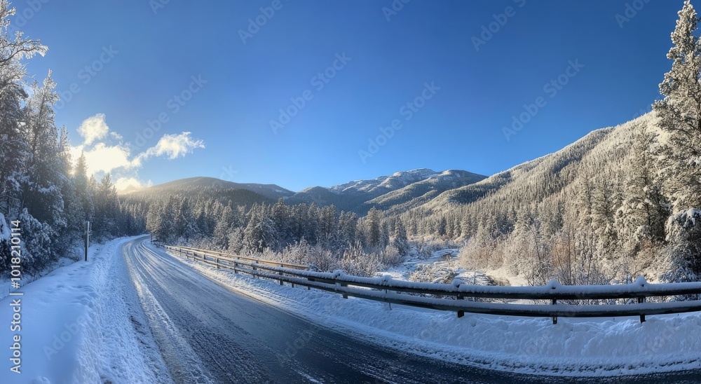 In Montana, a slippery winding highway with piles of snow along the sides after a snowstorm and snow-covered mountains with spruce forest cover the mountainside. In Montana, a slippery winding highway with piles of snow along the sides after a snowstorm and snow-covered mountains with spruce forest cover the mountainside.