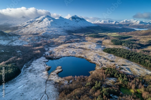 Fallen snow on Loch Dochart during the winter, from an aerial view photo