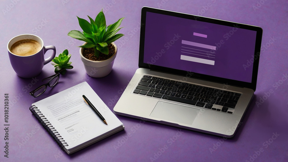 A workspace setup featuring a laptop, a coffee cup, and a plant, perfect for productivity in a cozy home office A workspace setup featuring a laptop, a coffee cup, and a plant, perfect for productivity in a cozy home office