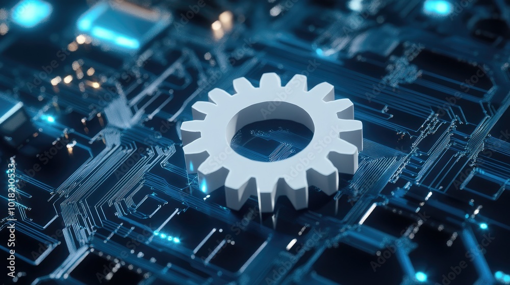 Fototapeta premium A white gear positioned on a blue circuit board, surrounded by glowing electronic lines, symbolizing technology's future.