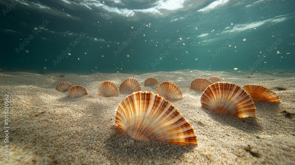 A fresh scene of Scallops lying on the sandy seabed, their fan-shaped shells slightly open, surrounded by tiny particles floating in the water A fresh scene of Scallops lying on the sandy seabed, their fan-shaped shells slightly open, surrounded by tiny particles floating in the water