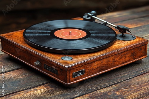 Vintage wooden turntable with a black vinyl record playing, evoking nostalgia and warmth.