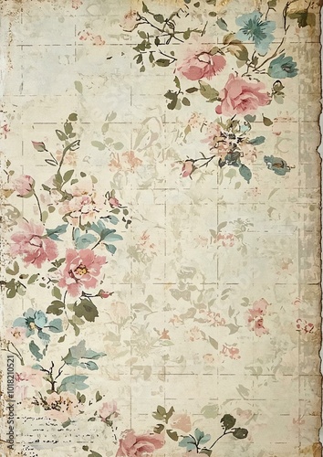 Collage Paper with Torn Edges, Antique Floral Wallpaper in Soft Pastels