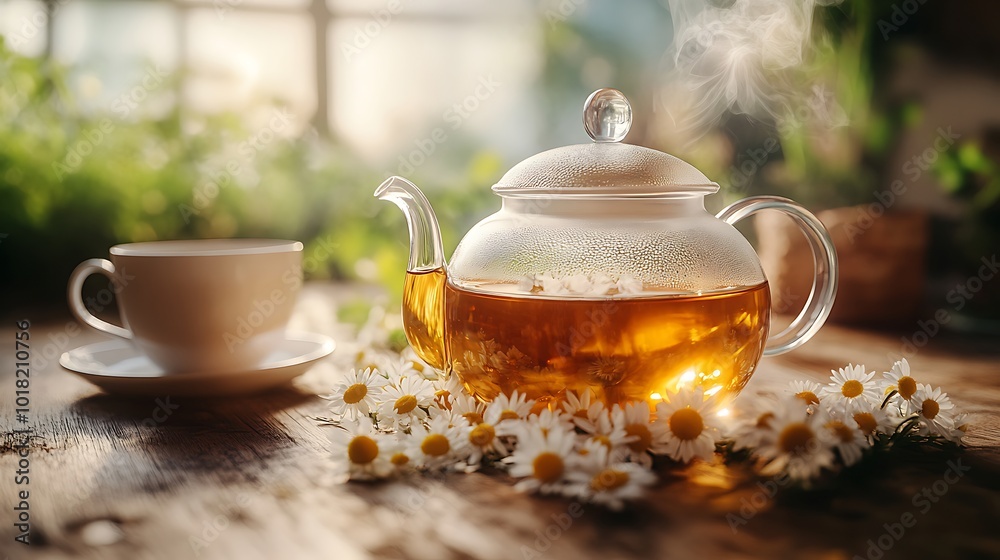 A glass teapot filled with golden chamomile tea, with delicate flowers floating inside, placed on a wooden table. A steaming cup sits next to it, surrounded by fresh chamomile flowers A glass teapot filled with golden chamomile tea, with delicate flowers floating inside, placed on a wooden table. A steaming cup sits next to it, surrounded by fresh chamomile flowers