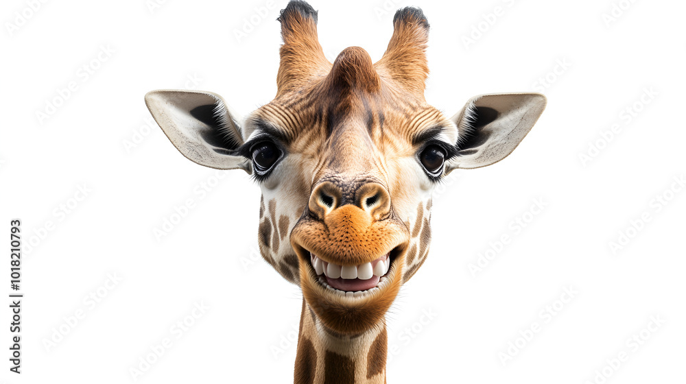 Naklejka premium Cartoon Giraffe with Raised Eyebrows and Big Toothless Smile in CGI Style