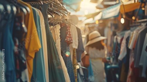 Wallpaper Mural Sunlit market streets lined with colorful clothes on display, where a figure in a stylish hat walks by, capturing a vibrant, bustling marketplace scene. Torontodigital.ca