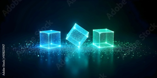 isometric 3D glowing neon cubes blue and green