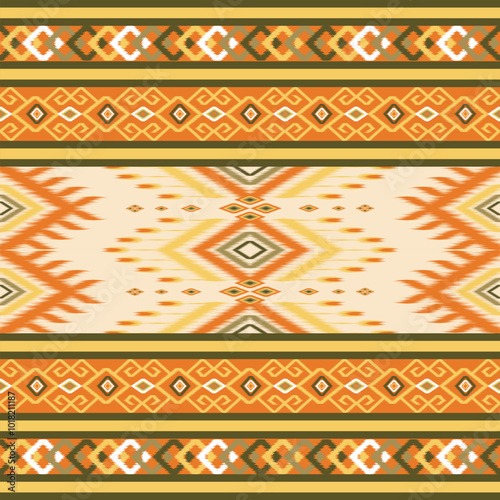 A traditional ikat pattern in warm earthy tones of orange, brown, and beige. Featuring geometric diamond shapes and intricate motifs, perfect for fabric, home decor, and ethnic-inspired design project