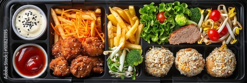 Bento Box, Asian Food Lunch Box with Deep Fried Balls, Salad, French Fries and Dessert