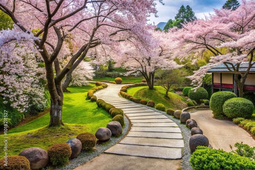 Minimalist Japanese garden in spring with winding path and blooming cherry trees Minimalist Japanese garden in spring with winding path and blooming cherry trees