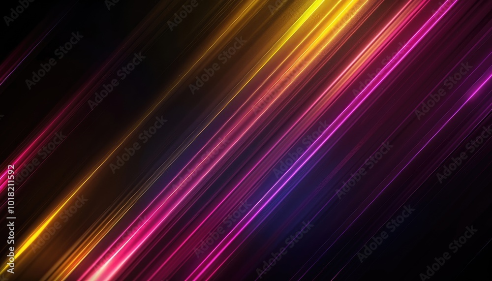 Fototapeta premium Abstract Diagonal Glowing Lines in Pink, Yellow, and Blue on a Dark Background