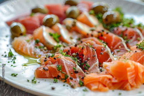 Salted Smoked Salmon, Sliced Mackerel and Butter Fish, Raw Assorted Fish Delicacies, Sashimi photo