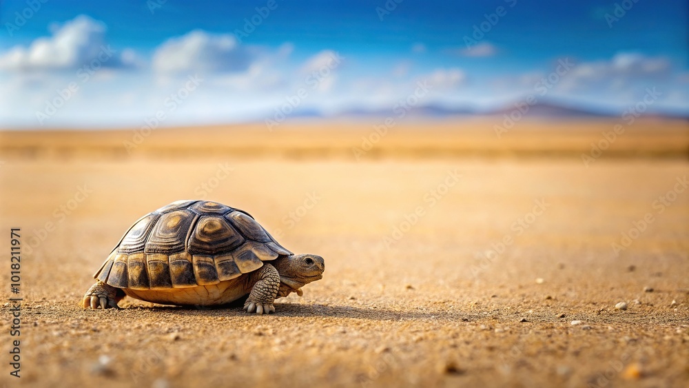 Minimalist land turtle crawling in the steppe Minimalist land turtle crawling in the steppe