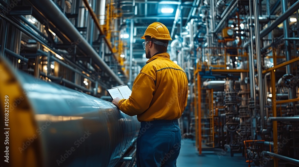 Industrial Worker Inspecting Pipes with a Clipboard Industrial Worker Inspecting Pipes with a Clipboard
