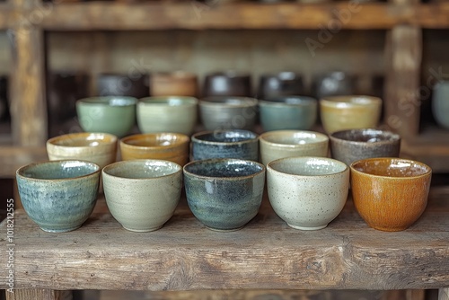 A vibrant array of handcrafted ceramic bowls displayed beautifully on a rustic wooden shelf.