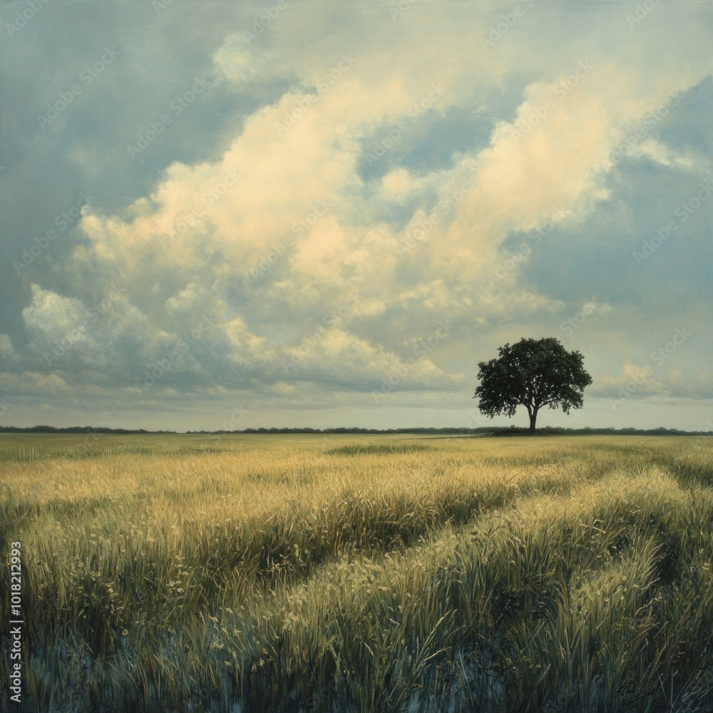 Fototapeta premium A wide, open field of tall grass under a cloudy sky, with a single oak tree standing in the distance