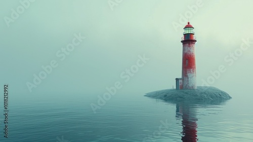 A lone lighthouse stands in the vast ocean on a foggy day