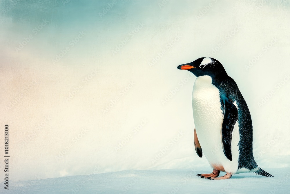 Fototapeta premium Pygoscelis antarcticus stands on a blue snowfield in Antarctia.