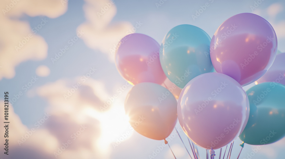 A cluster of pastel-colored balloons floating in the sky, soft focus on the balloons, sunlight reflecting off the surface, slightly tilted A cluster of pastel-colored balloons floating in the sky, soft focus on the balloons, sunlight reflecting off the surface, slightly tilted