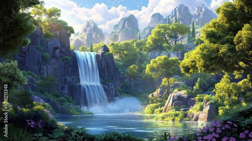 A Serene Waterfall Cascades into a Tranquil Lake Amidst Lush Greenery and Majestic Mountains